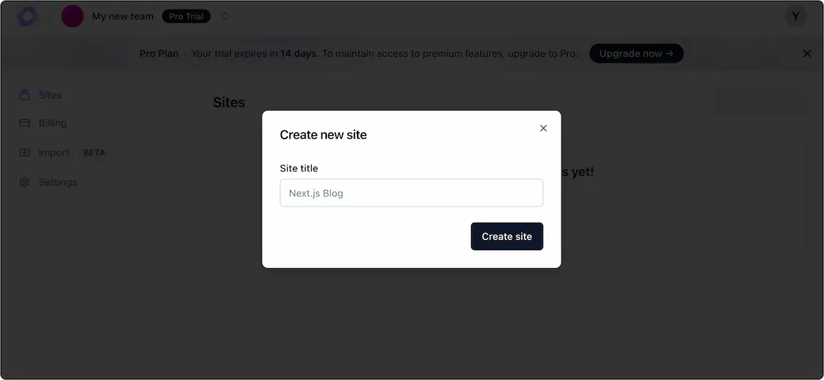 Create a site dialog