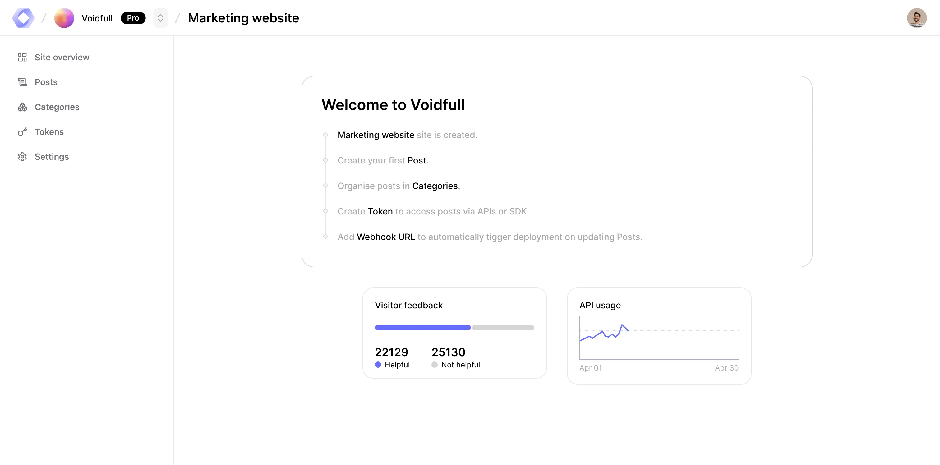 Screenshot of Site overview page in Voidfull